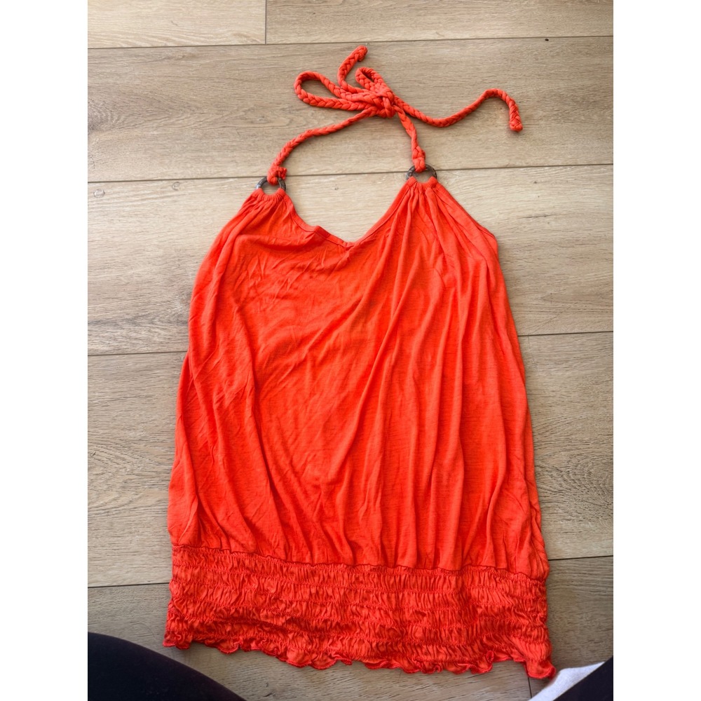 Fang Women Orange Braided Halter Neck Y2K Smocked Hem Rayon top Size L #180